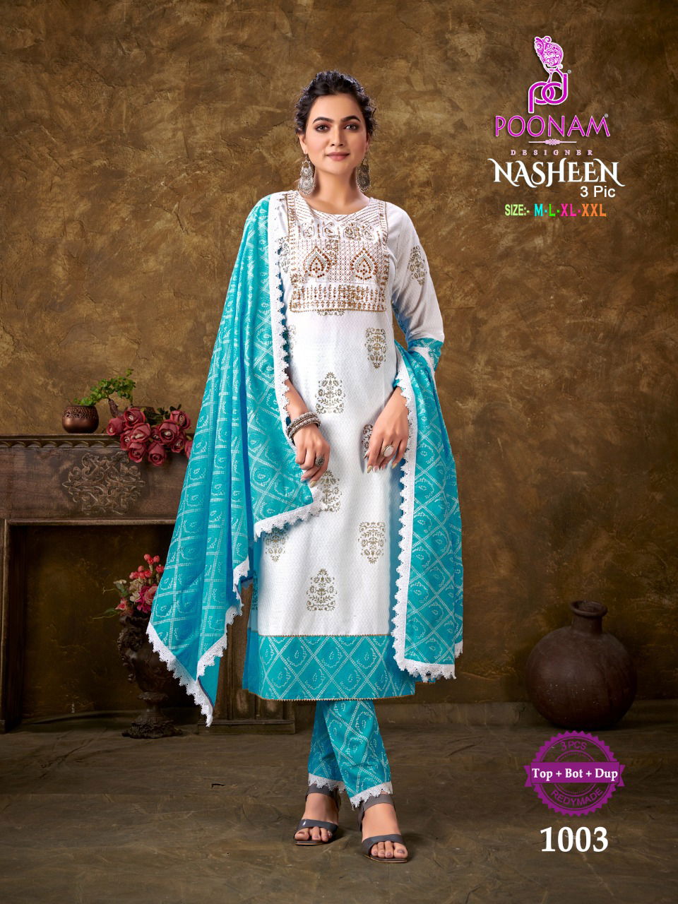 Poonam Nasheen 3 Pic Ethnic Wear Wholesale Readymade Salwar Suits Catalog
